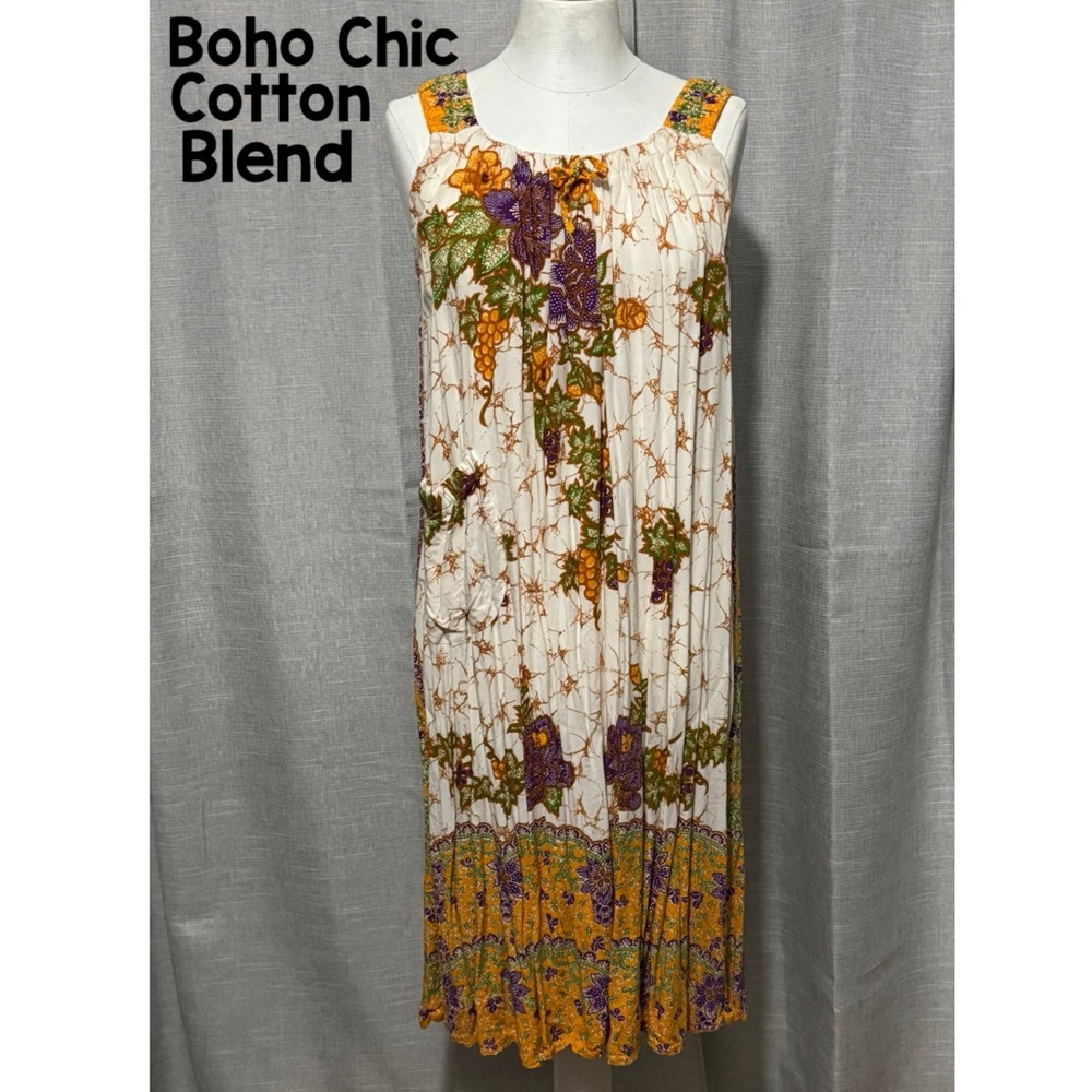 Batik Dress-Sz S/M-Cotton Blend Popover Style-Boho Chic Casual - Picture 1 of 15